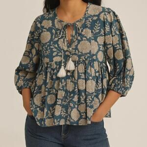 Cotton Indian Artisanal Teal Floral Hand Block Print Blouse Boho Women's Small